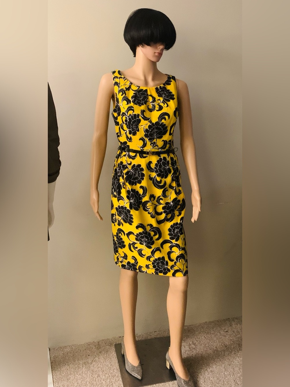 London Times Yellow and Black Floral Midi Dress